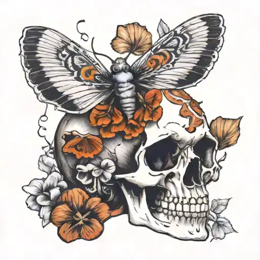 Moth and Mushrooms growing out from skull tattoo design idea