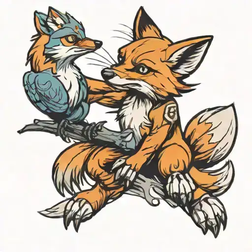 Fox fights bird tattoo design idea