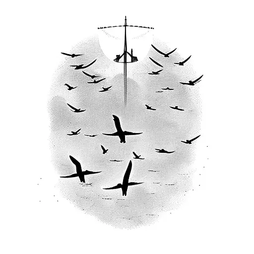 A silhouette of Portugal's landscape with a flock of birds soaring above tattoo design idea