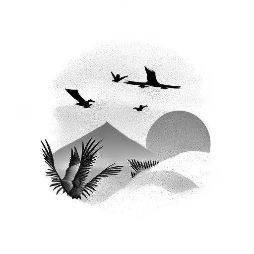 A silhouette of Portugal's landscape with a flock of birds soaring above tattoo design idea