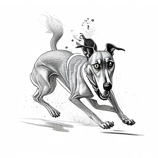 a greyhound chasing a hare with "Chase until you bite yours and everyone's tail off" written above tattoo design idea