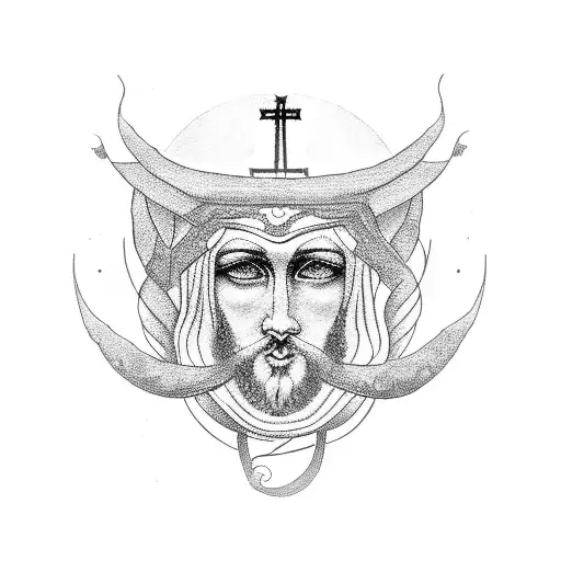A dotwork tattoo of a religious icon intertwined with hair strands tattoo design idea