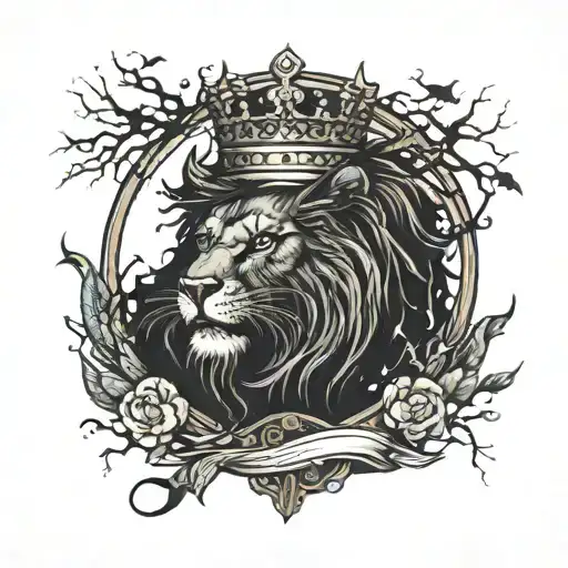 dark forest moon lion crown bats fire tattoo design idea