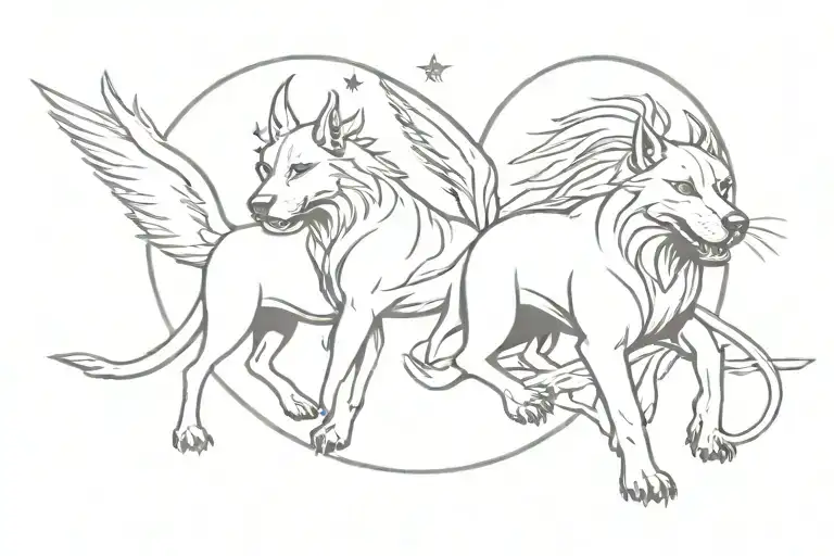 winged Cerberus and the triune moon stars sea tattoo design idea