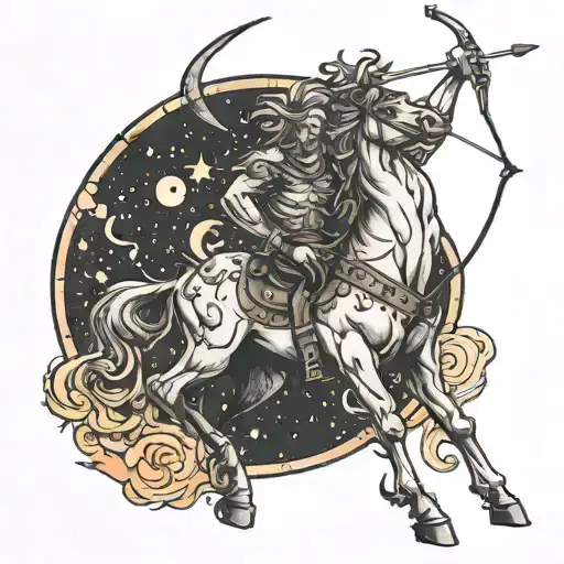 centaur archer with bow against background of planets and fire tattoo design idea
