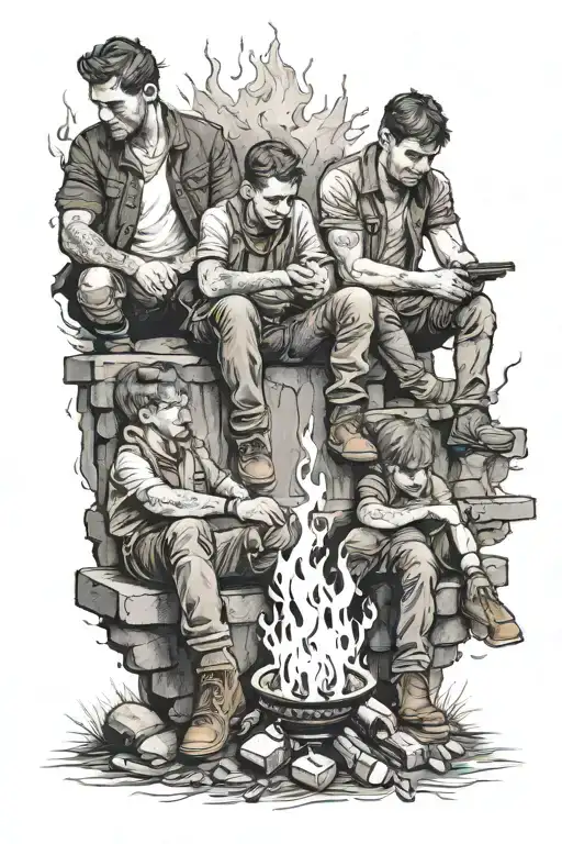 3 brothers sitting around fire tattoo design idea
