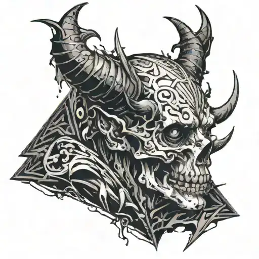 Dark being with a splintered bony body and a head in the shape of a downward triangle with twisted horns tattoo design idea