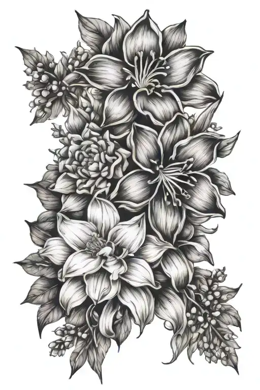 floral sleeve tattoo featuring daffodils, Lillie's, daisies, lily of the valley, and sunflowers tattoo design idea