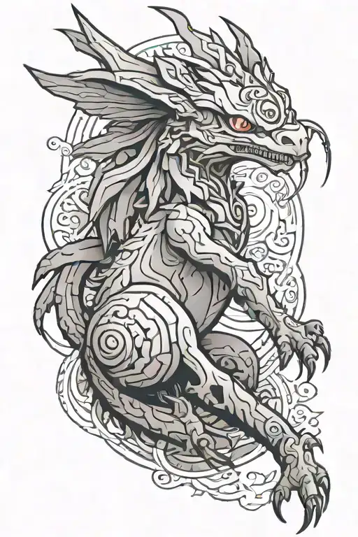 A black-grey tattoo of a mythical creature inspired by Pokemon and Digimon tattoo design idea