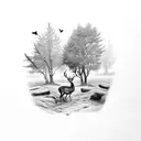 An intricately detailed forest scene with a deer in the foreground tattoo design idea
