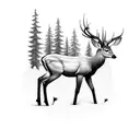 An intricately detailed forest scene with a deer in the foreground tattoo design idea