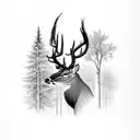 An intricately detailed forest scene with a deer in the foreground tattoo design idea