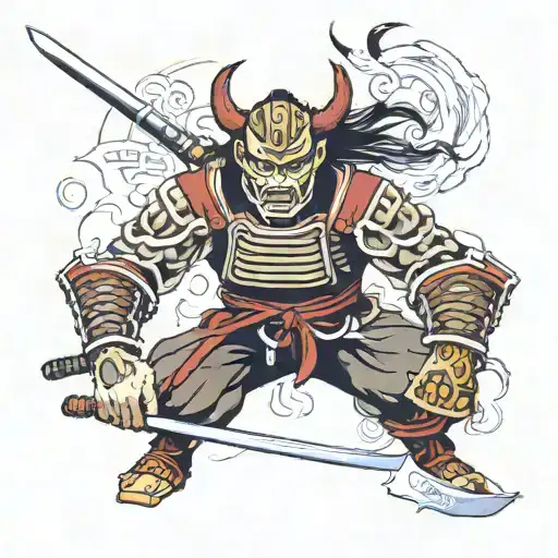 japanese mask and samurai practicing harakiri tattoo design idea