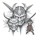 japanese mask and samurai practicing harakiri tattoo design idea