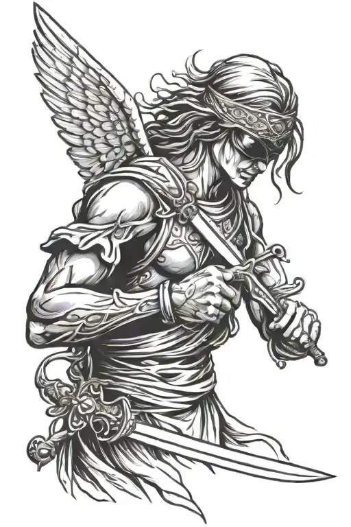 blindfolded angel holding sword tattoo tattoo design idea