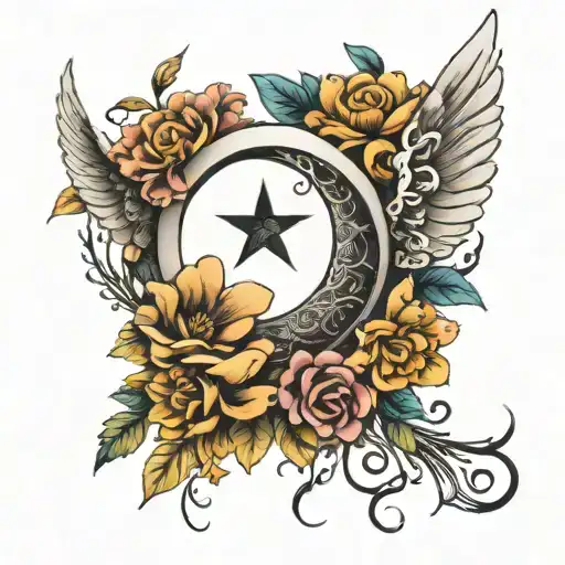 half crescent moon with angel wings and flowers small  tattoo design idea