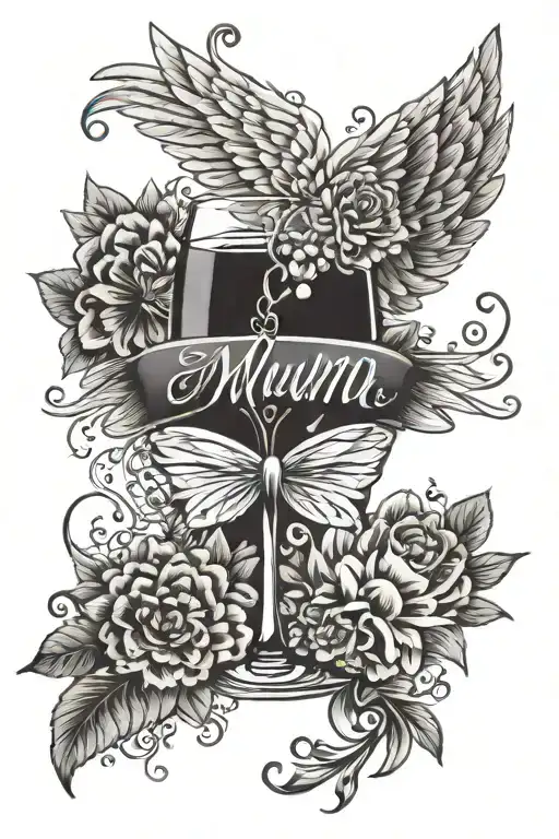 mum memorial angel wings flower wine glass tattoo design idea