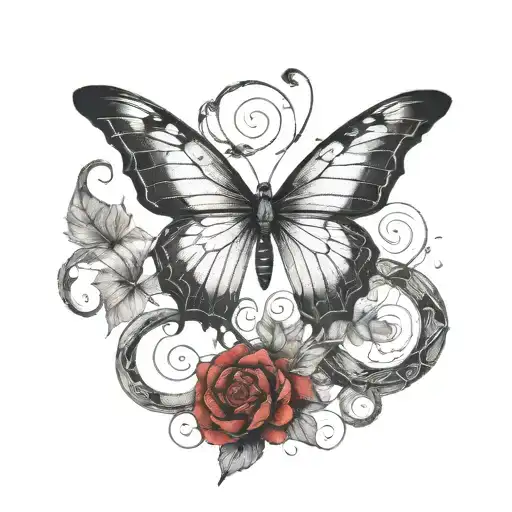 A butterfly tattoo with an ethereal look, in watercolor effect with red and black ink, incorporating a snake in the middle going up the butterfly tattoo design idea