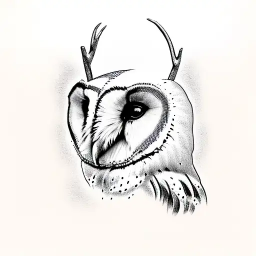 Barn owl with oak branches instead of antlers like a deer tattoo design idea