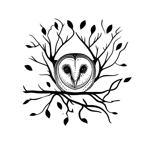 Barn owl with oak branches instead of antlers like a deer tattoo design idea