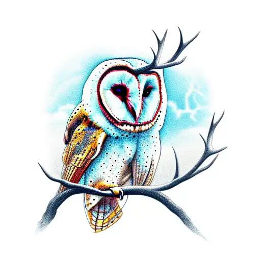 Barn owl with oak branches instead of antlers like a deer tattoo design idea