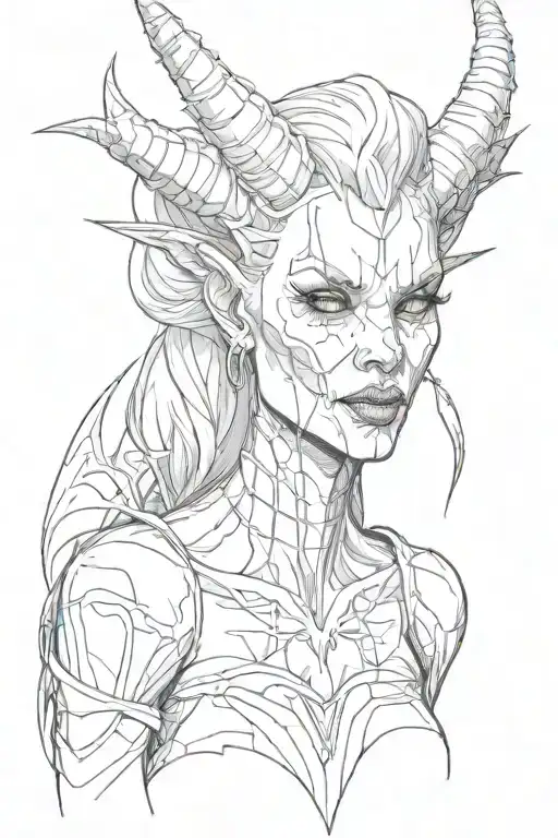 Devil Woman with spike teeth, creepy style in fine lines a sketchy style, written above "Impiorum requies" tattoo design idea