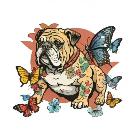 americana english bulldog gorilla butterflies flying tattoo design idea