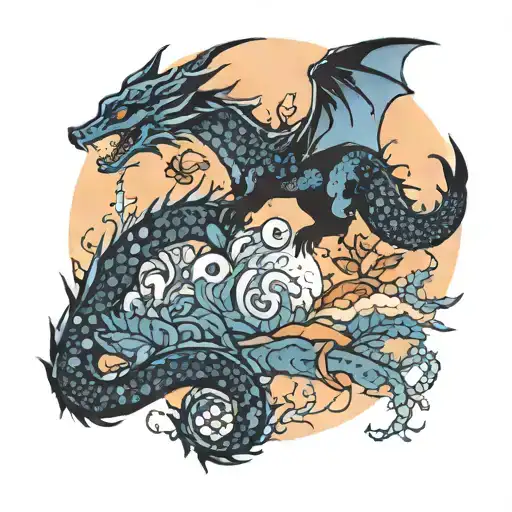 A mystical scene of a dragon and a fox dancing together under a mystical twilight sky, with licorice plants scattered around them tattoo design idea