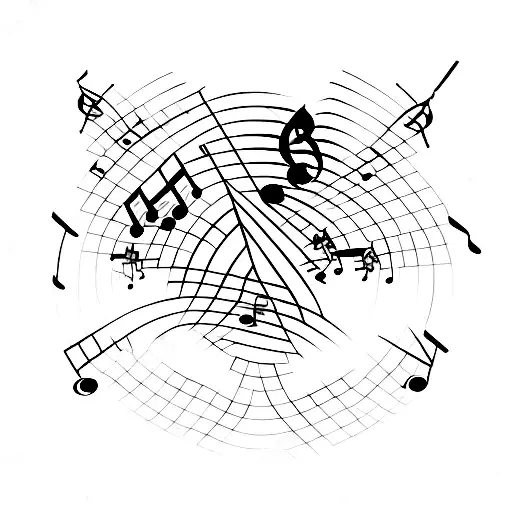 Abstract representation of economic growth with musical elements tattoo design idea