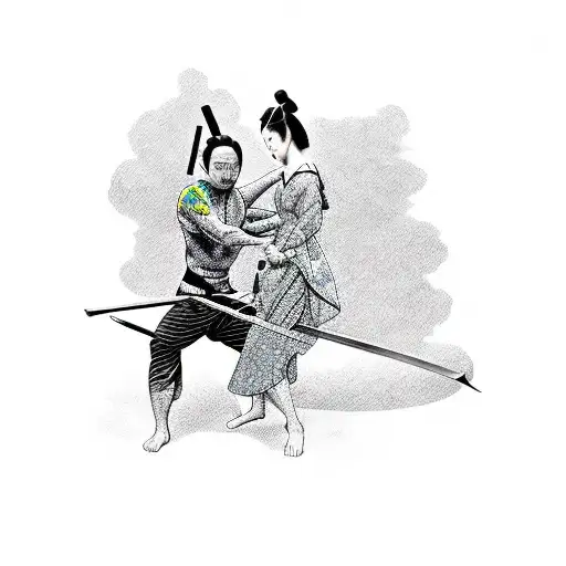 man committing seppuku with woman holding sword tattoo design idea