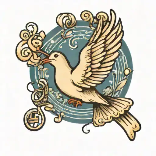 A traditional tattoo of a dove holding a musical note in its beak, representing love, peace, and music tattoo design idea