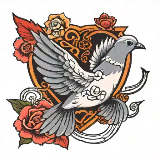 A traditional tattoo of a dove holding a musical note in its beak, representing love, peace, and music tattoo design idea