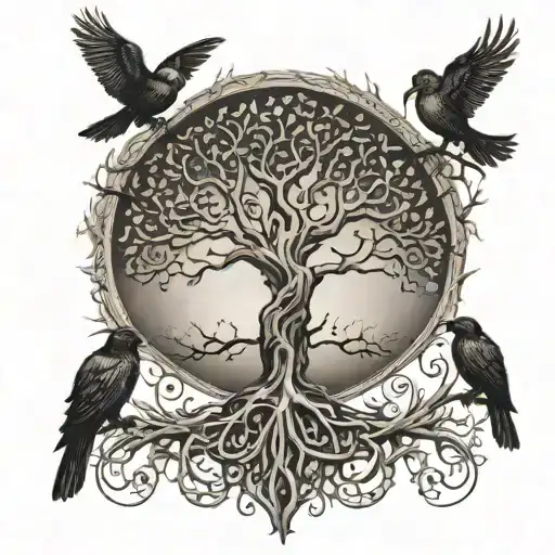 The Tree of Life (Yggdrasil) with intricate roots and branches, surrounded by ravens in flight tattoo design idea