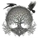 The Tree of Life (Yggdrasil) with intricate roots and branches, surrounded by ravens in flight tattoo design idea