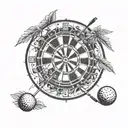 A darts board made of weed leaves with golf clubs and balls scattered around tattoo design idea