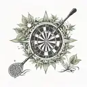 A darts board made of weed leaves with golf clubs and balls scattered around tattoo design idea