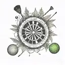 A darts board made of weed leaves with golf clubs and balls scattered around tattoo design idea