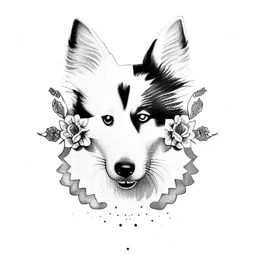 perro raza collie lassy con flores tinta azul decorativo y delicado  tattoo design idea