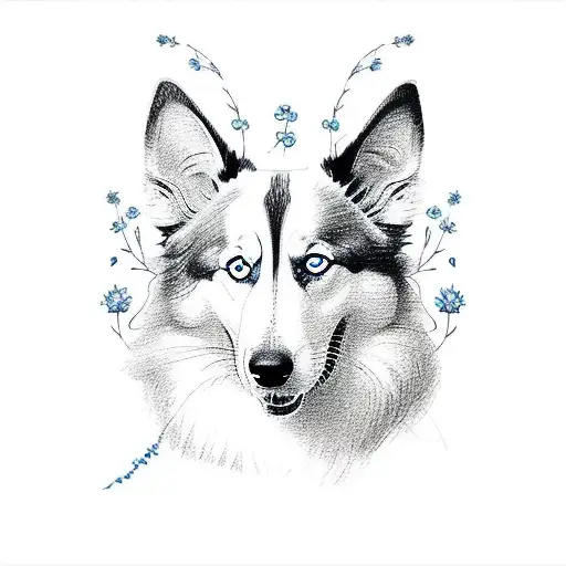 perro raza collie lassy con flores tinta azul decorativo y delicado  tattoo design idea