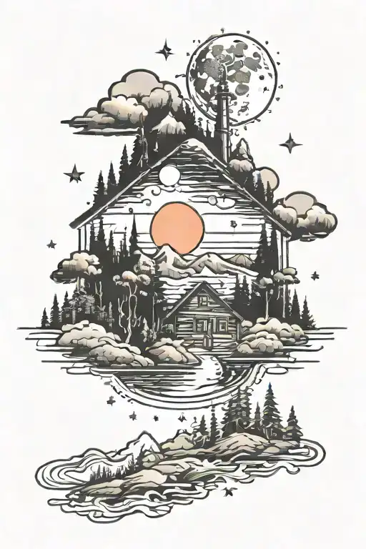 Celestial Landscape With A Cabin tattoo design idea