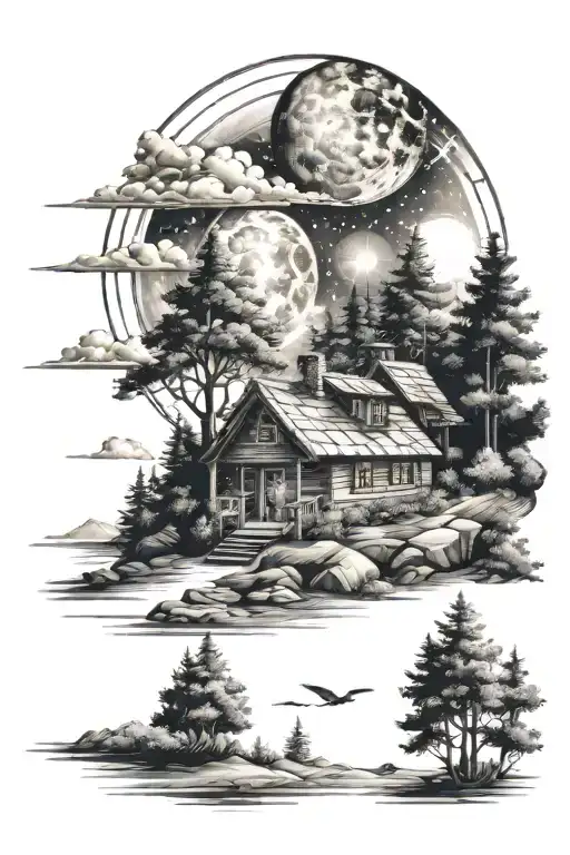 Celestial Landscape With A Cabin tattoo design idea
