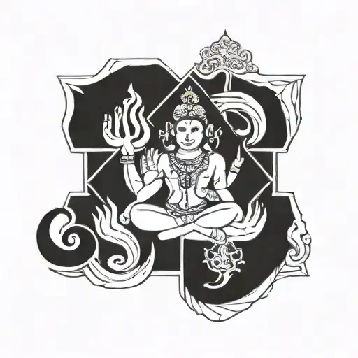 A geometric design representing devotion, with subtle images of Shiva, Vishnu, and Ganapathi intertwined tattoo design idea