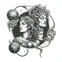 A celestial-themed tattoo featuring the three deities surrounded by stars and planets, symbolizing their divine presence in the universe tattoo design idea