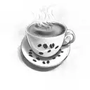 Coffee cup with cat paw prints as steam tattoo design idea