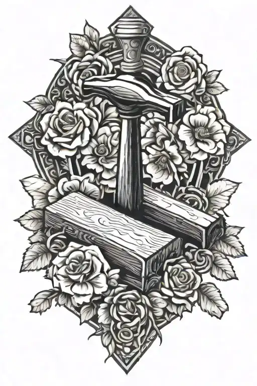 hammer and anvil with flowers and wedding rings tattoo design idea