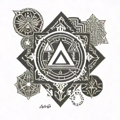 A geometric tattoo incorporating elements of the Alpha Phi Alpha symbol and Egyptian hieroglyphs, reflecting the client's diverse interests and passions tattoo design idea