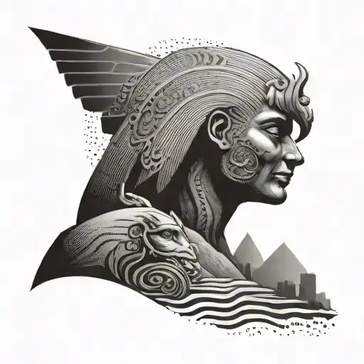 A stylized tattoo of the Sphinx with a father and child silhouette in the background, symbolizing the client's dedication to fatherhood and family tattoo design idea