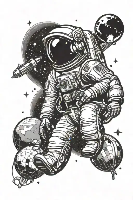 astronaut sitting on light bulb shaped planet observing space with stars and rockets tattoo design idea