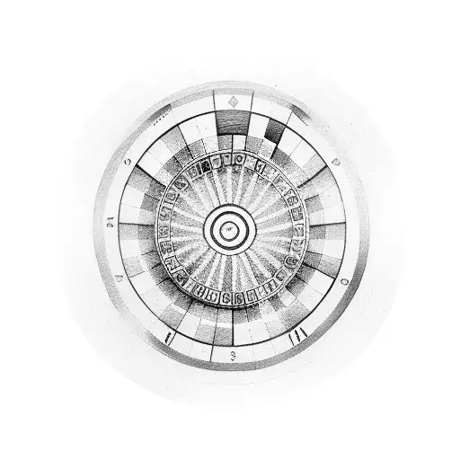 A dotwork design of a roulette wheel with the numbers 444 and the word 'aposta' in the center tattoo design idea