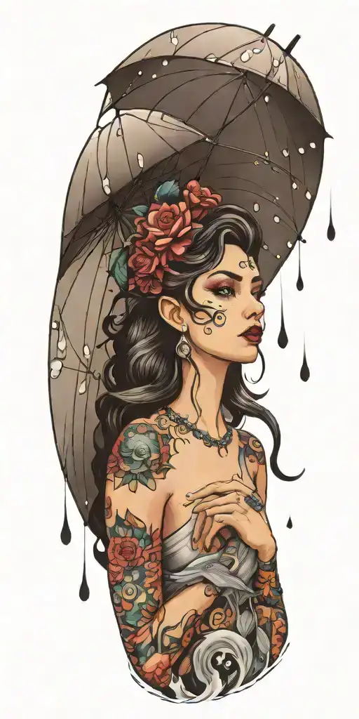 goddess of storms and rain drops with an umbrella  tattoo design idea